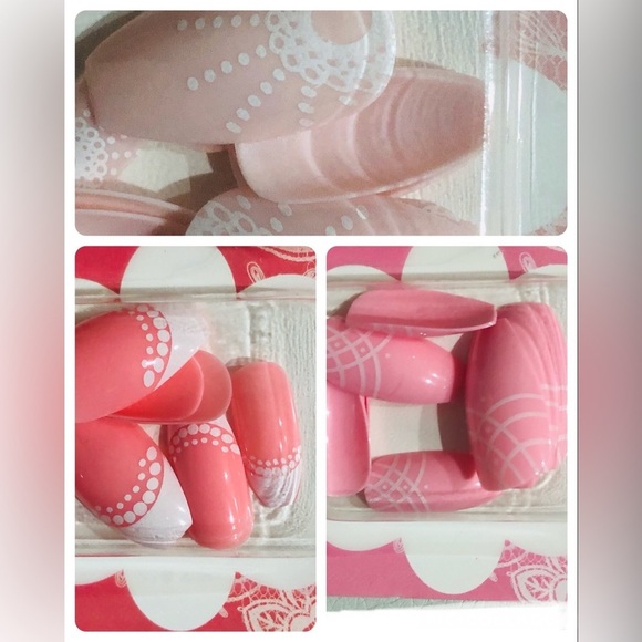 3 for $10 assorted pink lace artificial coffin shaped nail extensions FREE - Picture 2 of 13